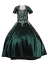 Big Girls Hunter Green Cap Shoulder Rhinestone Beaded Fringe Ball Gown 8-16 - SophiasStyle.com